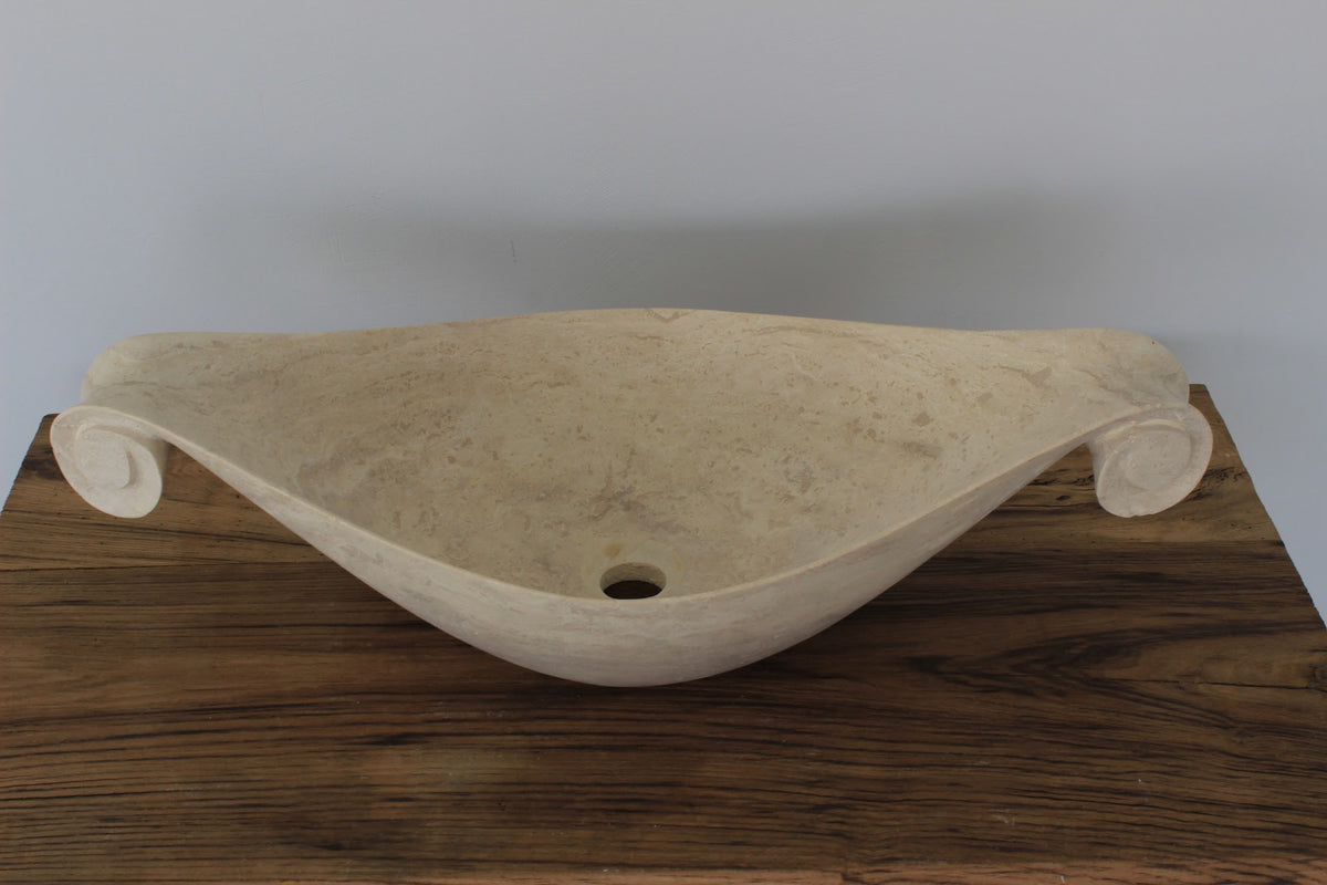 Scroll-Edge Beige Travertine Vessel Sink – handcrafted natural stone, view 8