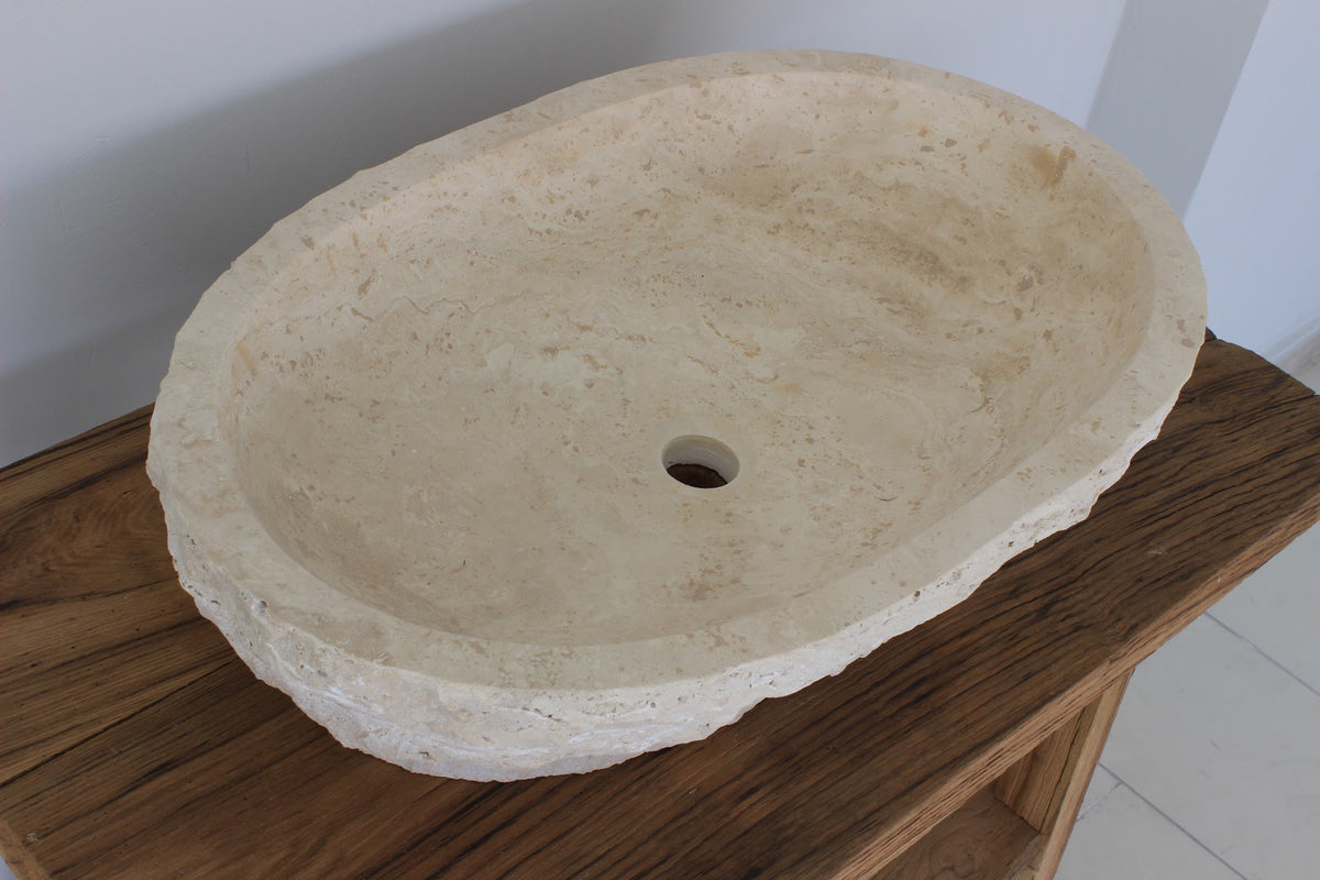Hand-Carved Oval Travertine Vessel Sink – Honed Cream Natural Stone Basin