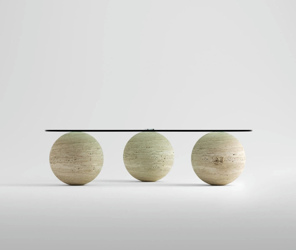 Kidney Glass Coffee Table on Travertine Spheres – handcrafted natural beige travertine, view 3