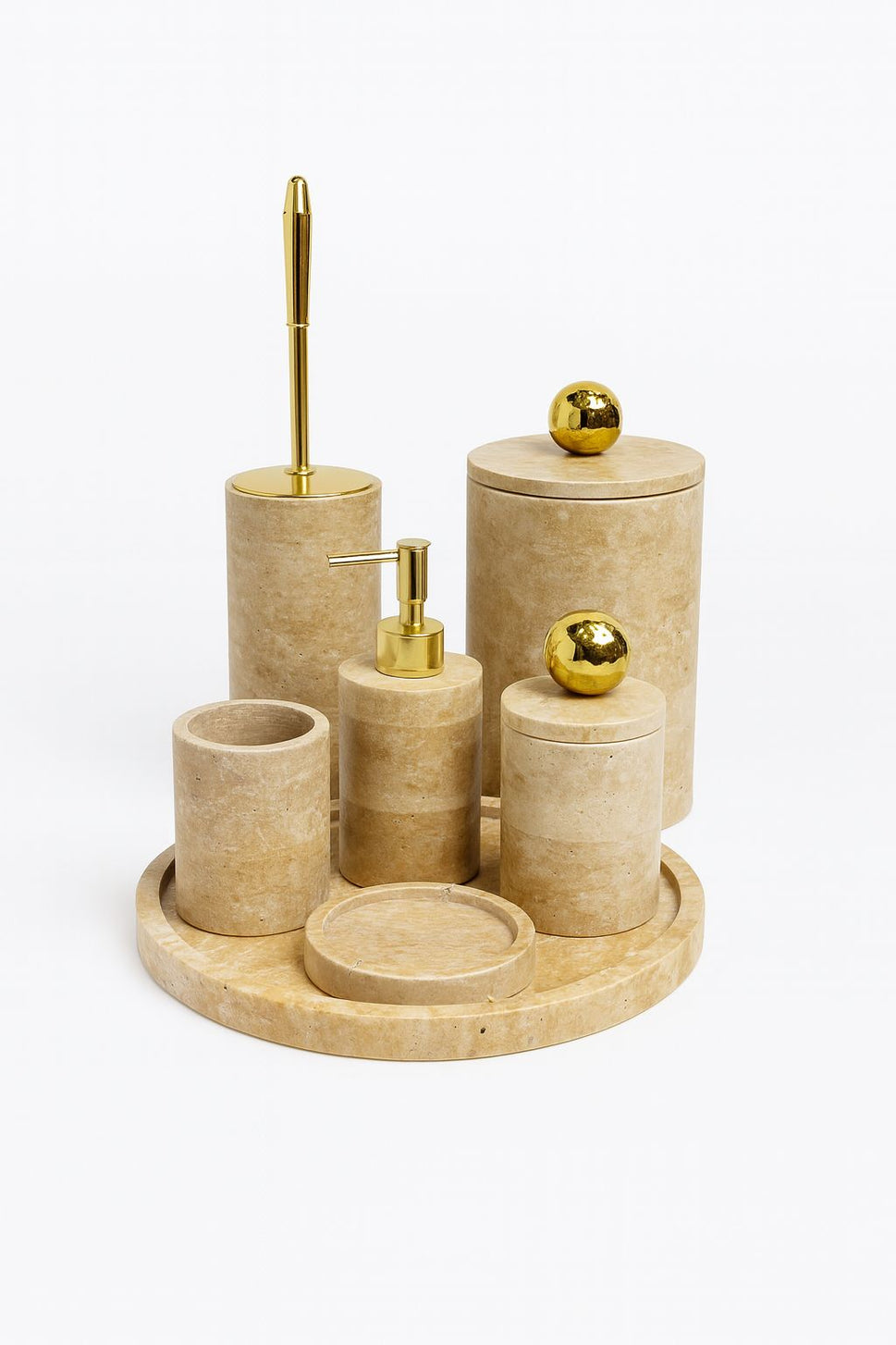 Beige Travertine 6-Piece Bathroom Set with Toilet Brush