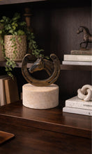 Switch Brass Horseshoe Horse Head Sculpture on Travertine – handcrafted natural beige travertine, view 3 3 image