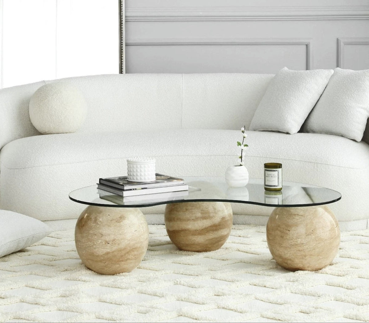 Kidney Glass Coffee Table on Travertine Spheres – handcrafted natural beige travertine, view 4
