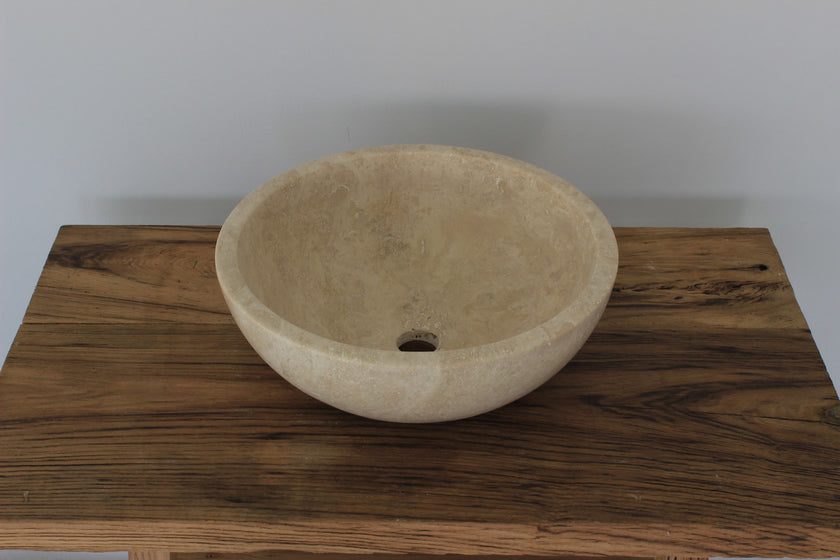 Hand-Carved Classic Round Travertine Vessel Sink – handcrafted natural stone