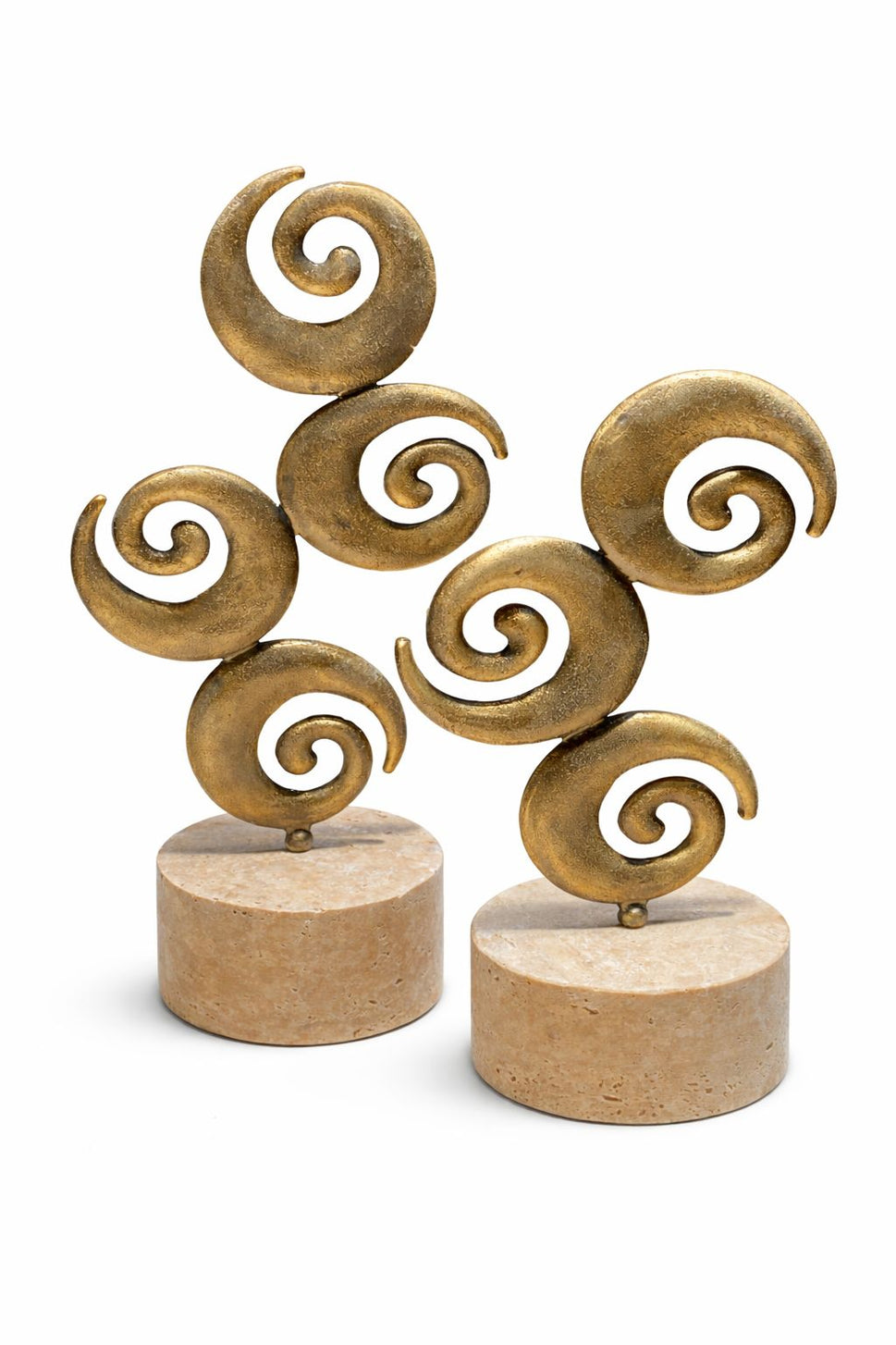 Brass Spiral Sculpture Pair on Travertine