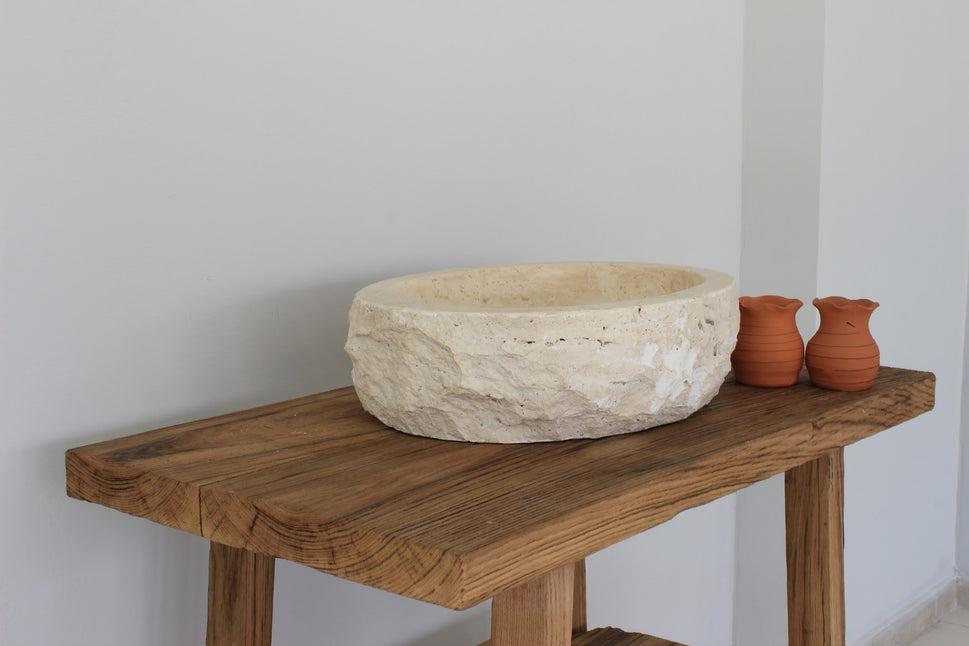 Hand-Carved Chiseled Travertine Vessel Sink – Round Rock-Face Natural Stone Basin