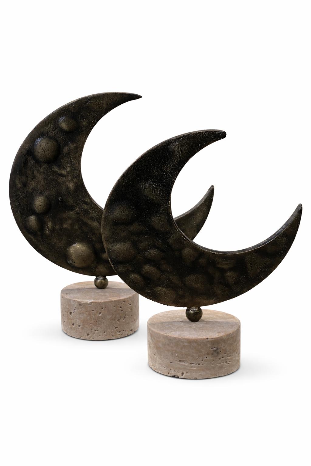 Brass Crescent Moon Sculpture on Travertine – handcrafted natural stone, view 4
