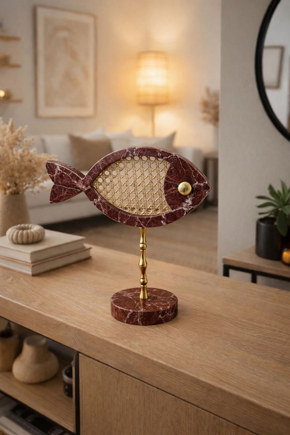 Red Marble Fish Pair with Rattan Inlay on Brass Stand