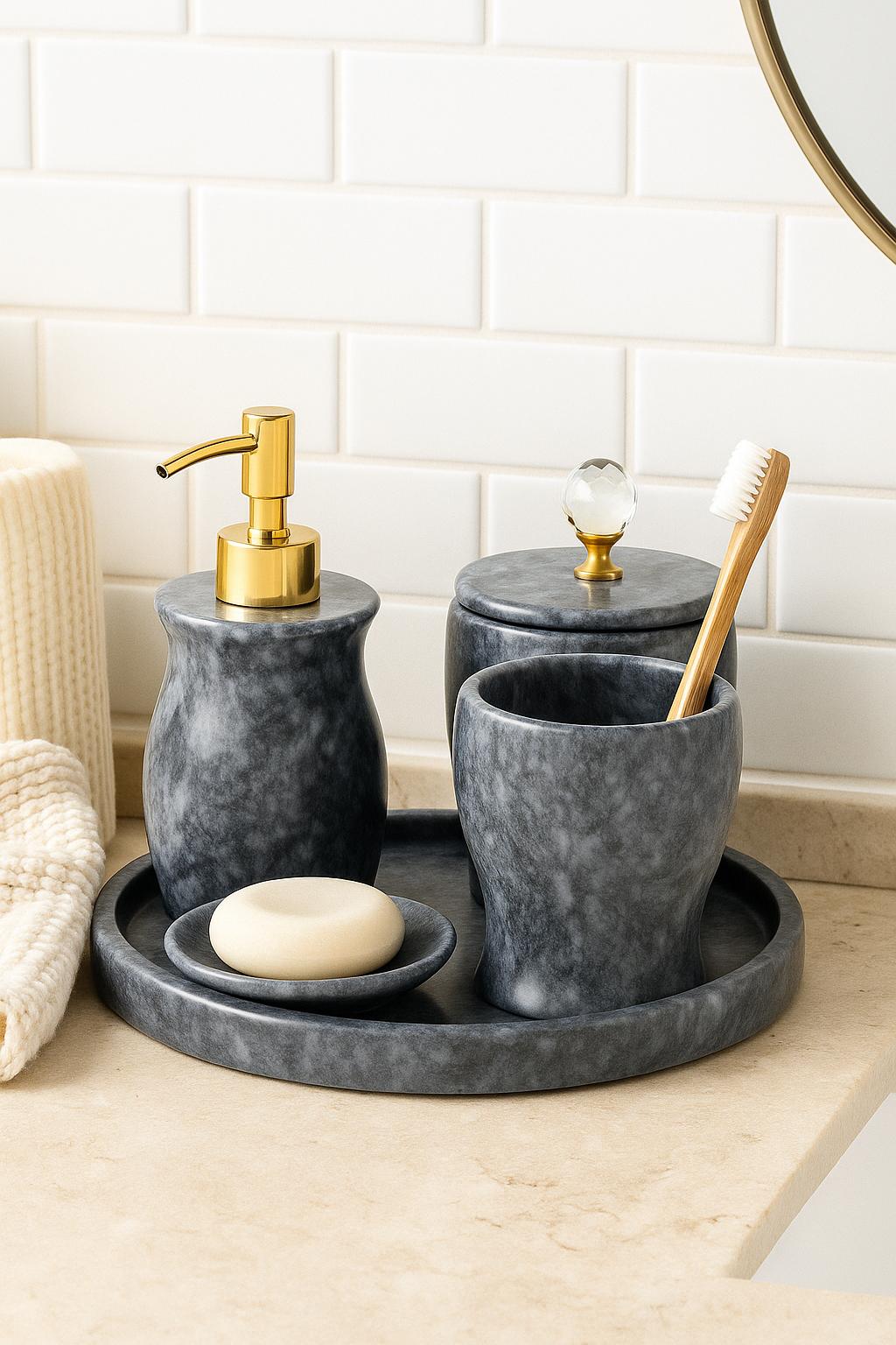 Dark Grey Marble Bathroom Set with Tray