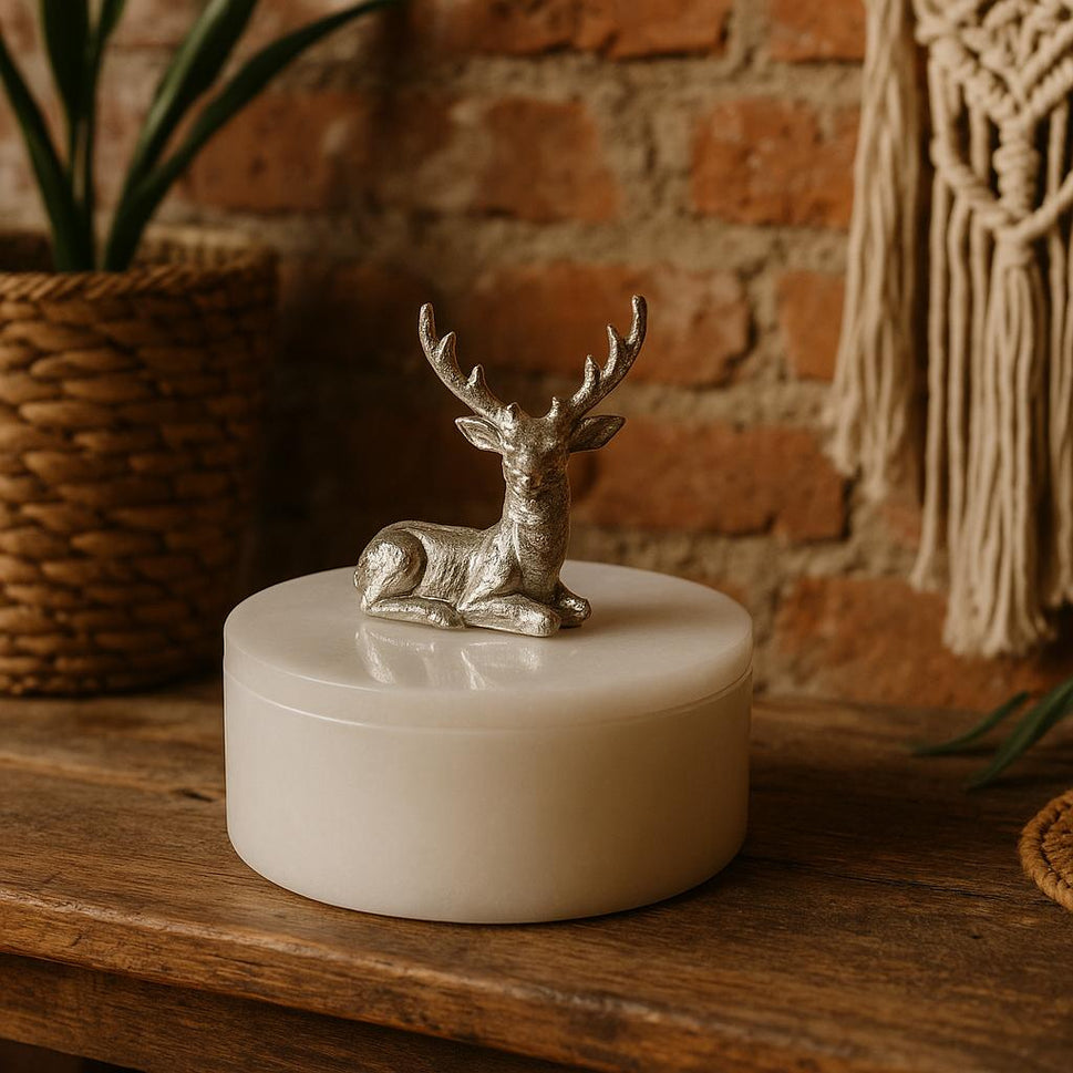 White Stone Lidded Jar with Brass Deer