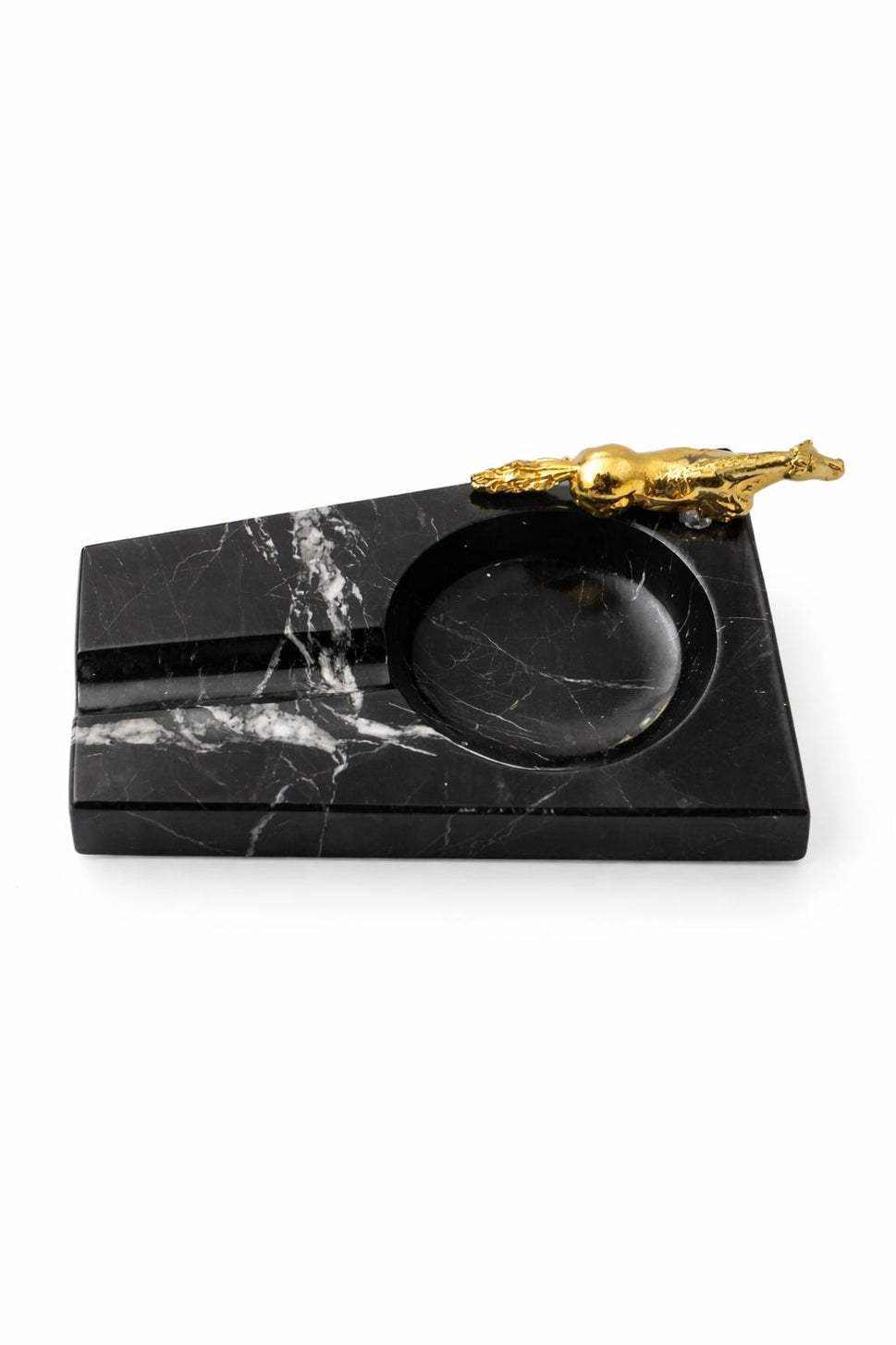 Black Marble Cigar Ashtray with Brass Figure