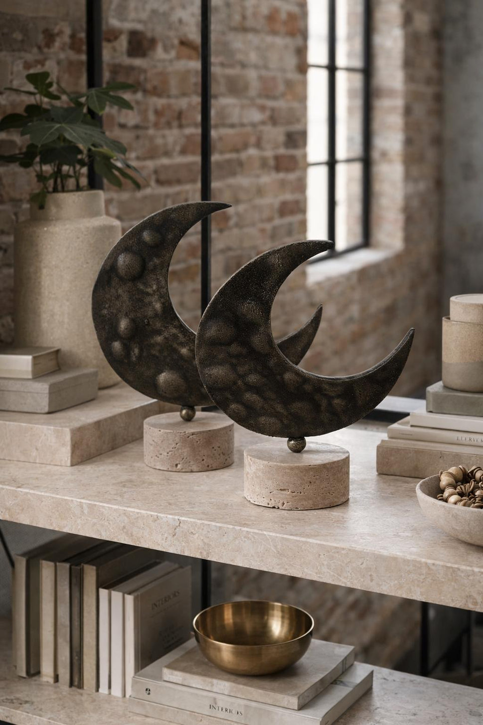 Brass Crescent Moon Sculpture on Travertine