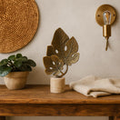 Switch Brass Monstera Leaf Sculpture on Travertine – handcrafted natural beige travertine, view 3 3 image