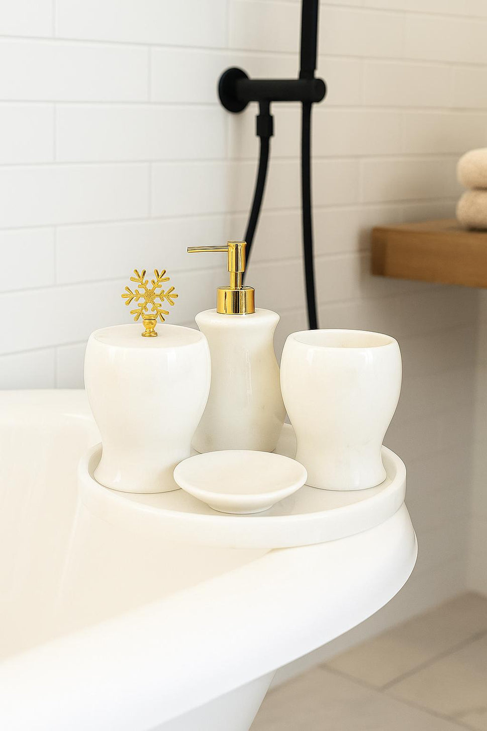 White Marble Bathroom Set with Round Tray