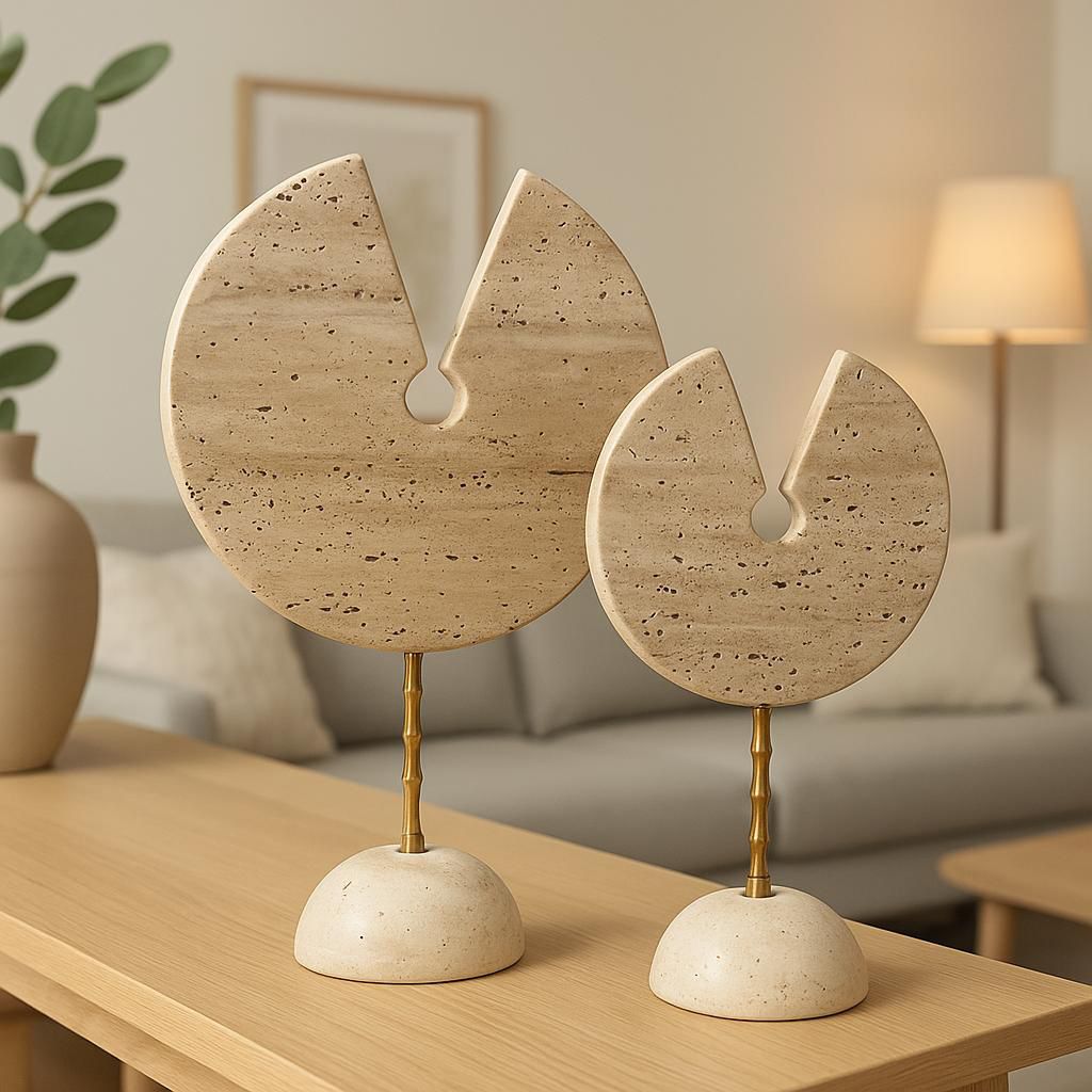 Travertine Disc Sculpture Pair on Brass Stems