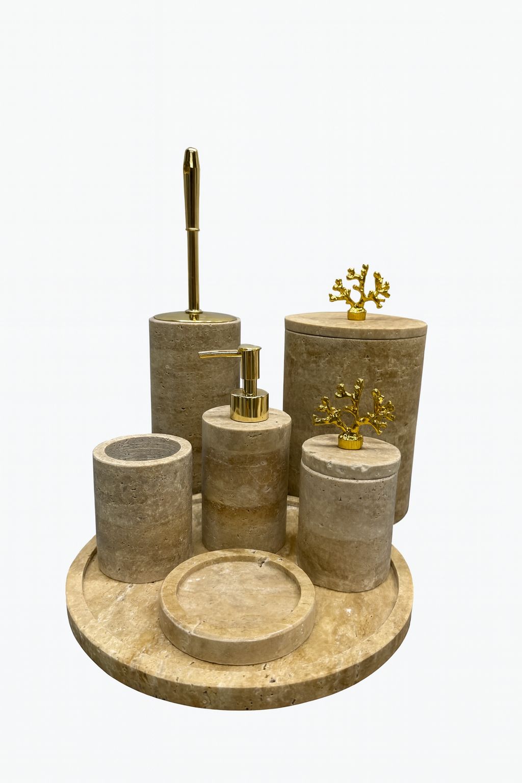 Beige Travertine 6-Piece Bathroom Set with Toilet Brush – handcrafted natural stone, view 7