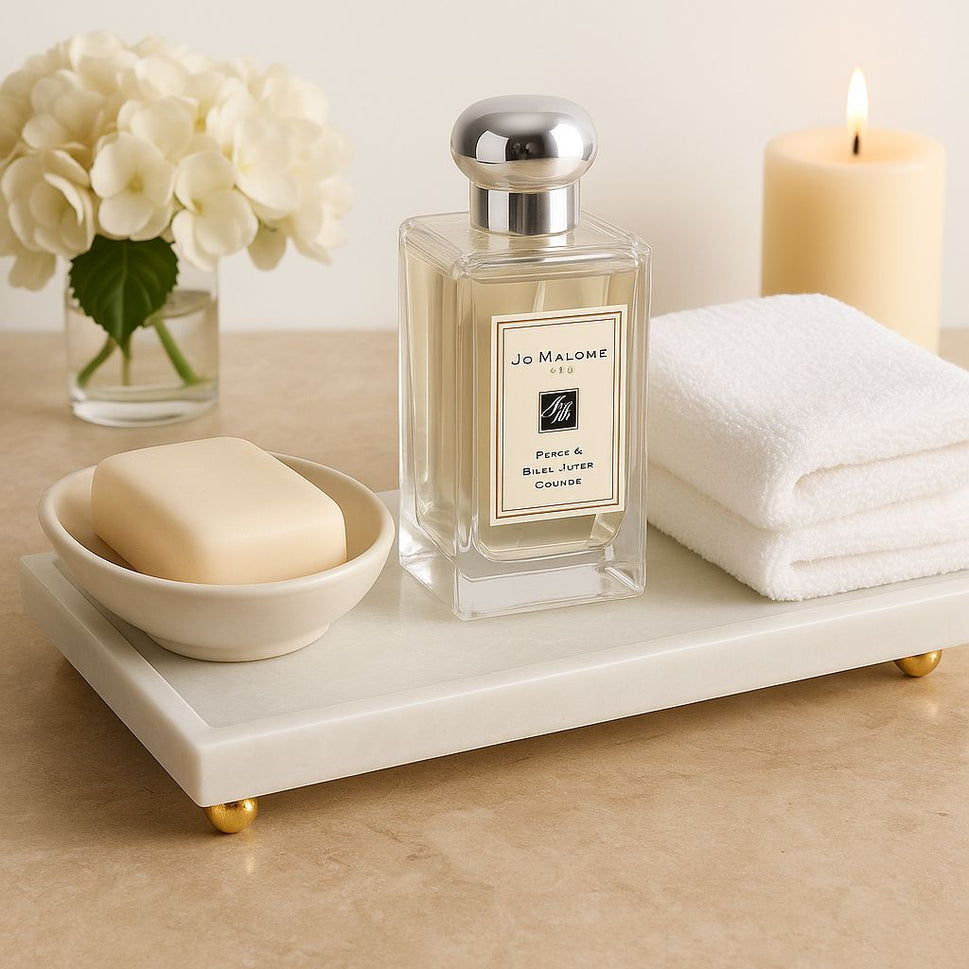 White Marble Vanity Tray with Gold Ball Feet
