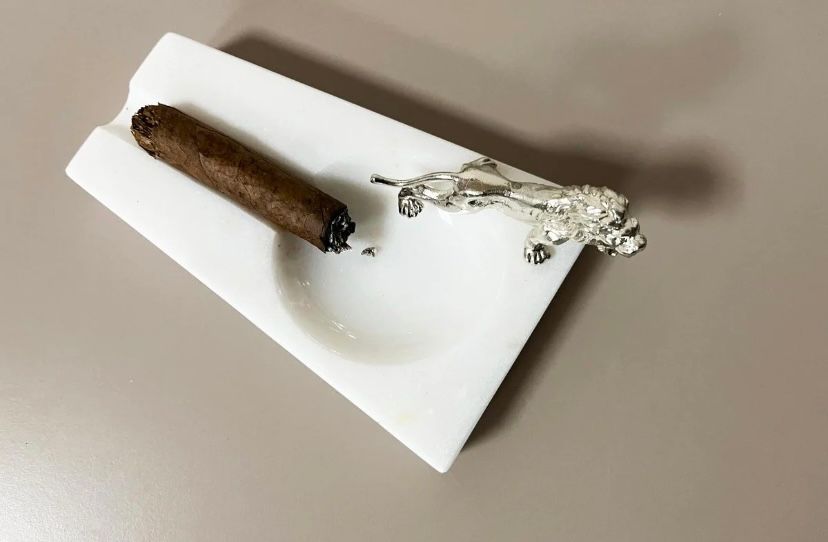 White Marble Cigar Ashtray with Silver Horse