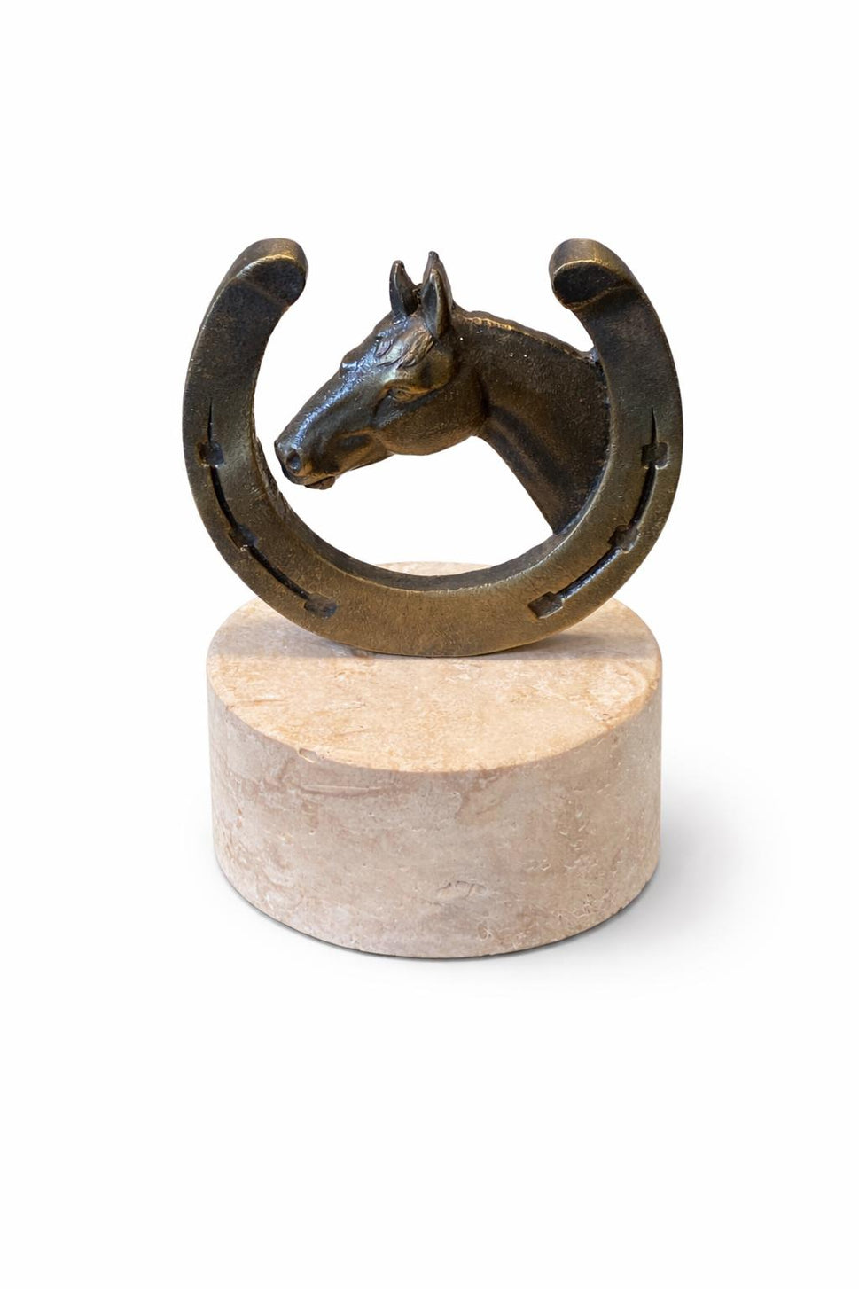 Brass Horseshoe Horse Head Sculpture on Travertine