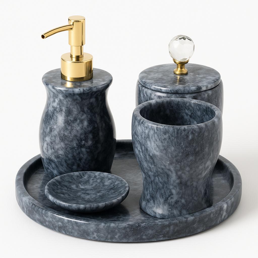 Dark Grey Marble Bathroom Set with Tray – handcrafted natural stone, view 2