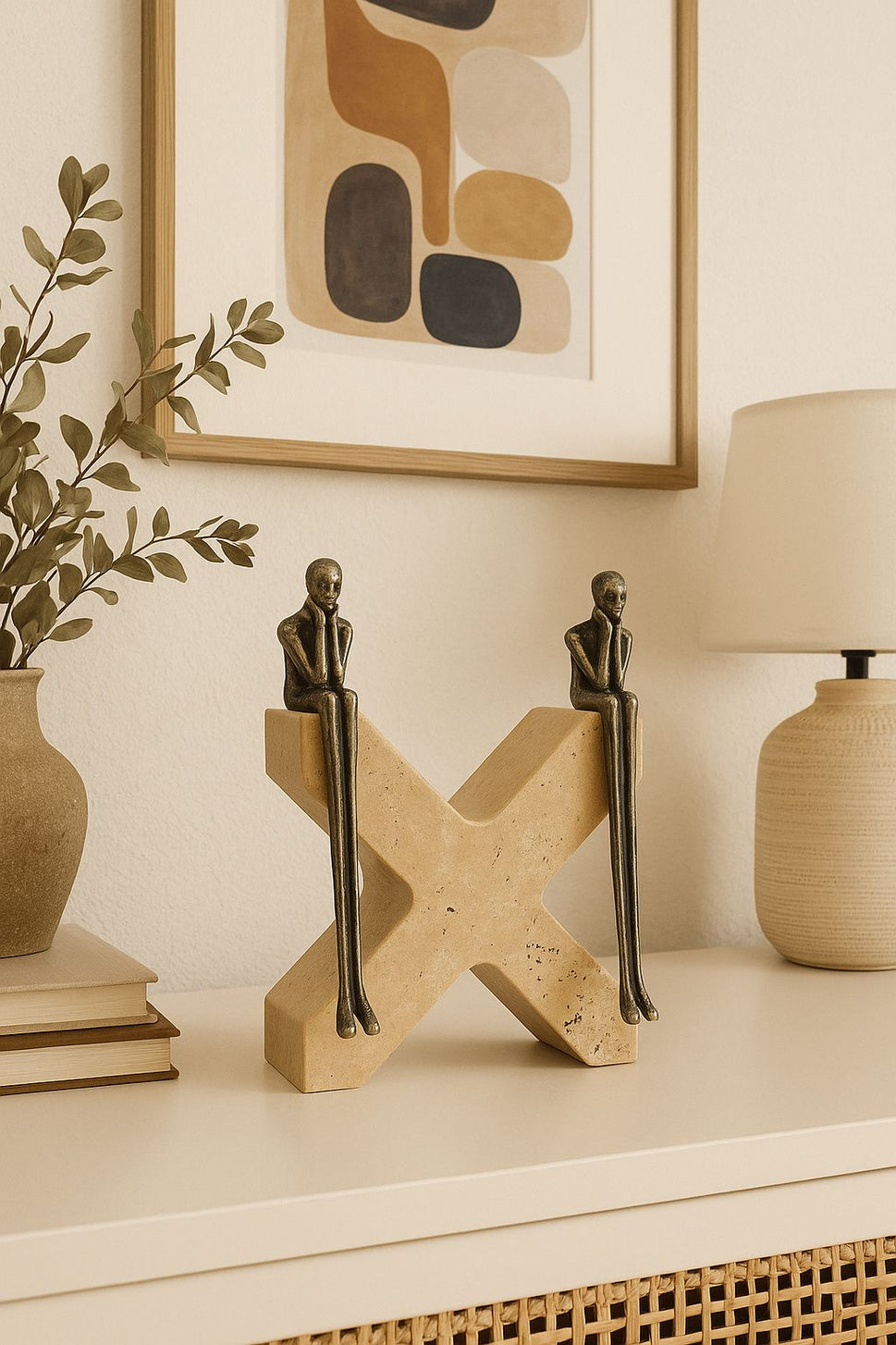 Brass Figures on Travertine X Sculpture