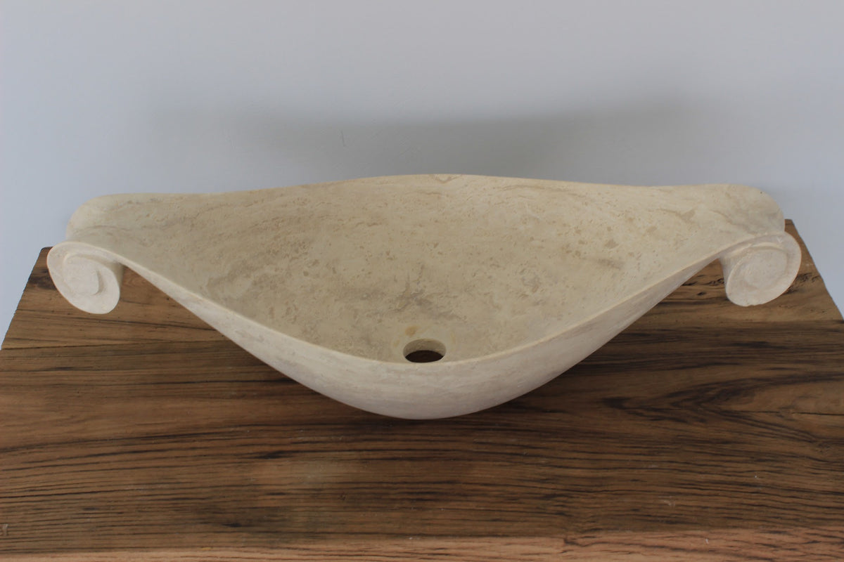 Scroll-Edge Beige Travertine Vessel Sink – handcrafted natural stone, view 6