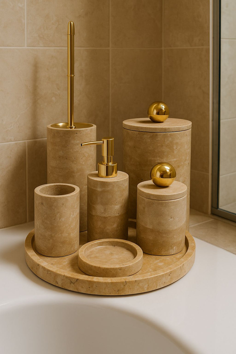 Beige Travertine 6-Piece Bathroom Set with Toilet Brush