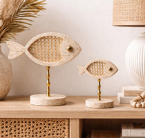Travertine Fish Pair with Rattan Inlay on Brass Stand