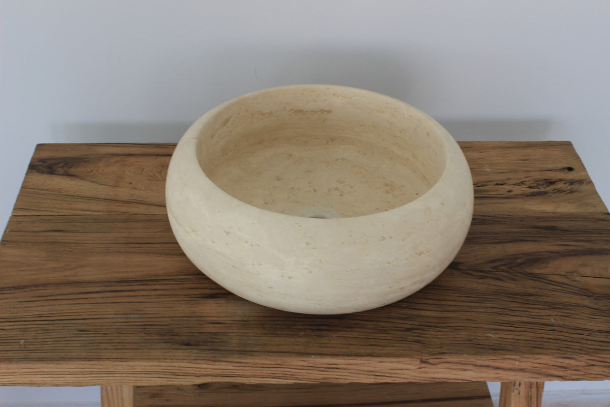 Hand-Carved Zen Pebble Limestone Vessel Sink – Round Matte Cream Natural Stone Basin