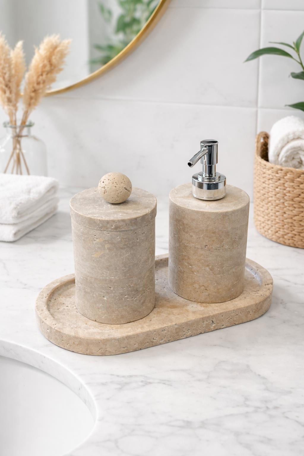Travertine 3-Piece Bath Set with Oval Tray
