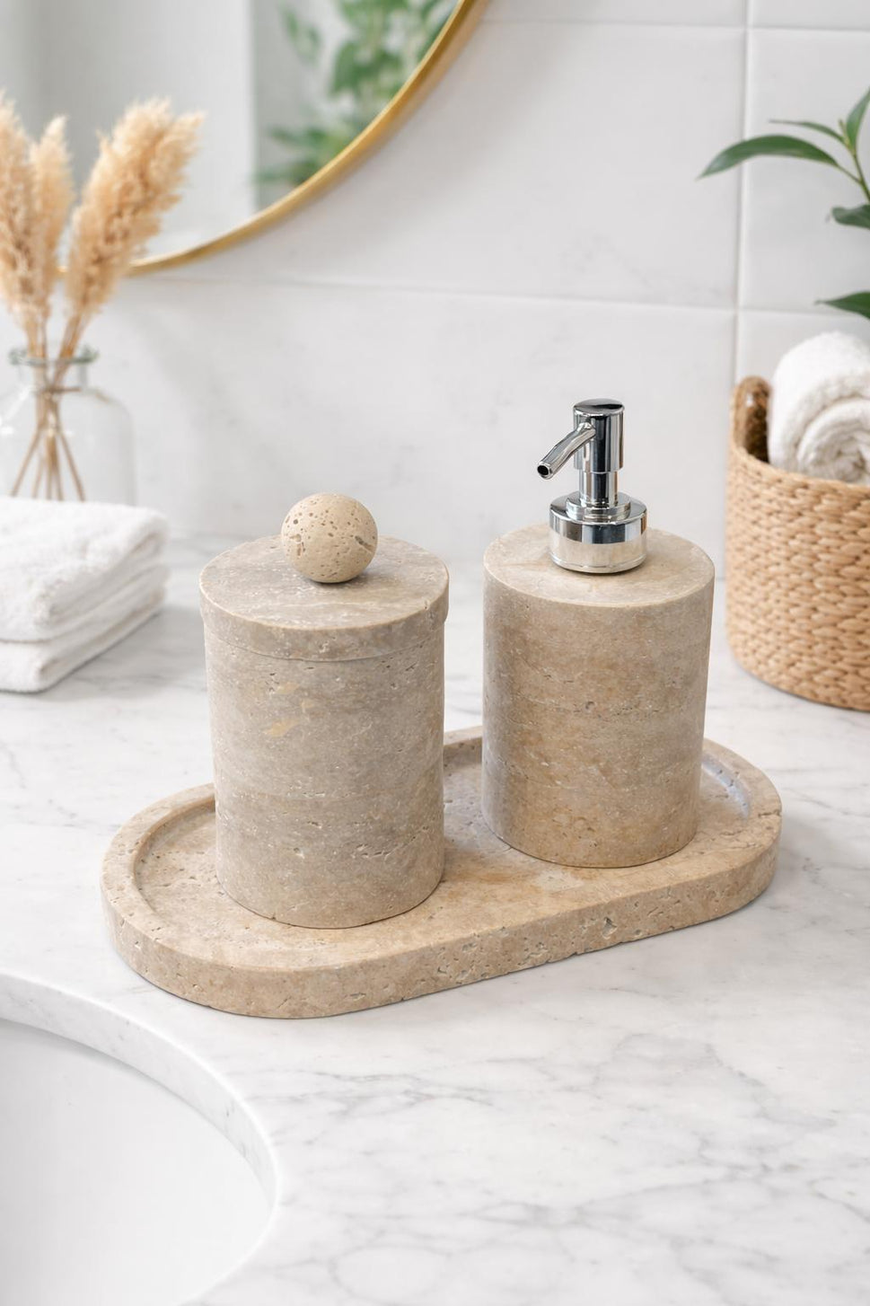 Travertine 3-Piece Bath Set with Oval Tray