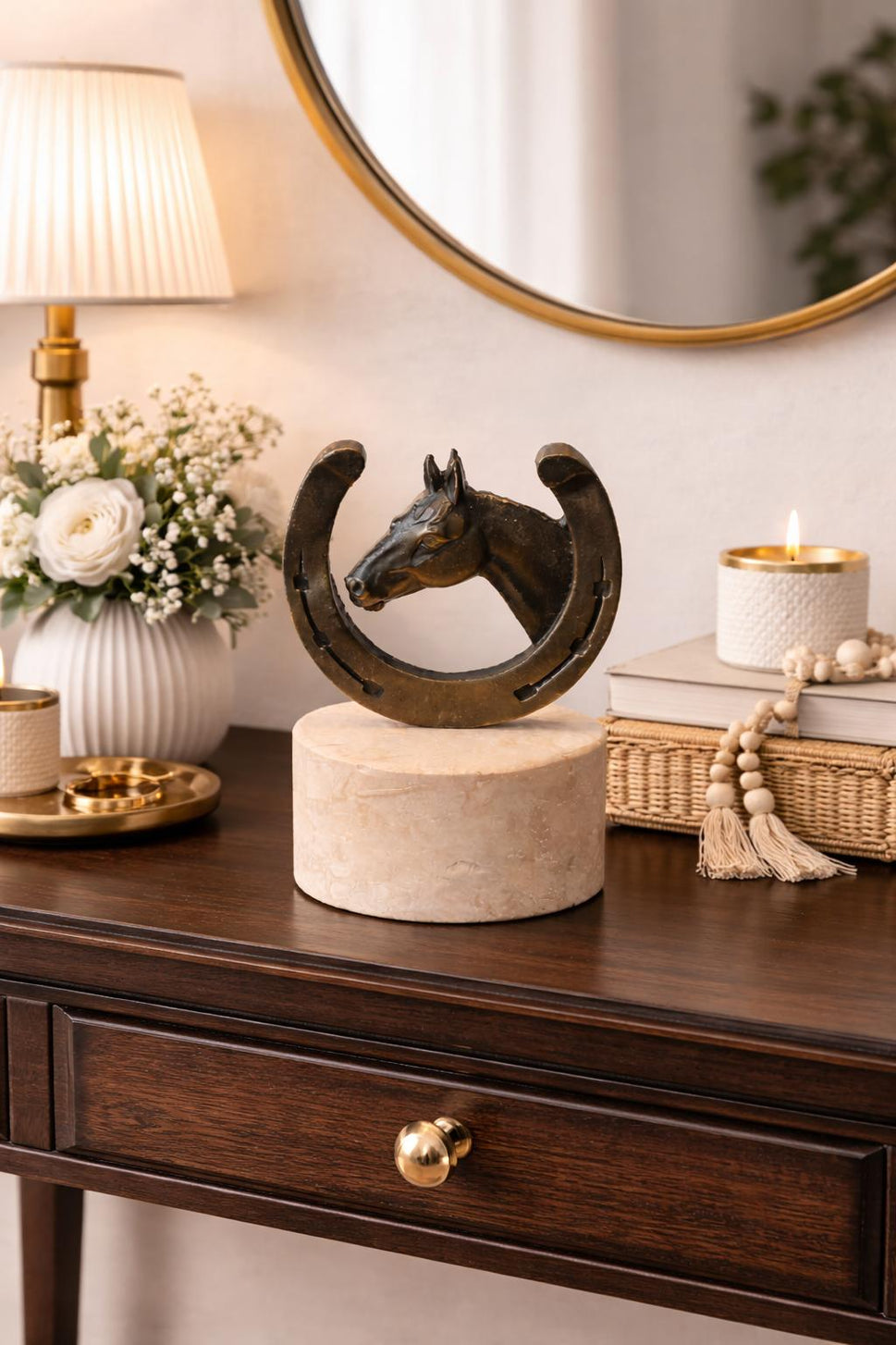 Brass Horseshoe Horse Head Sculpture on Travertine