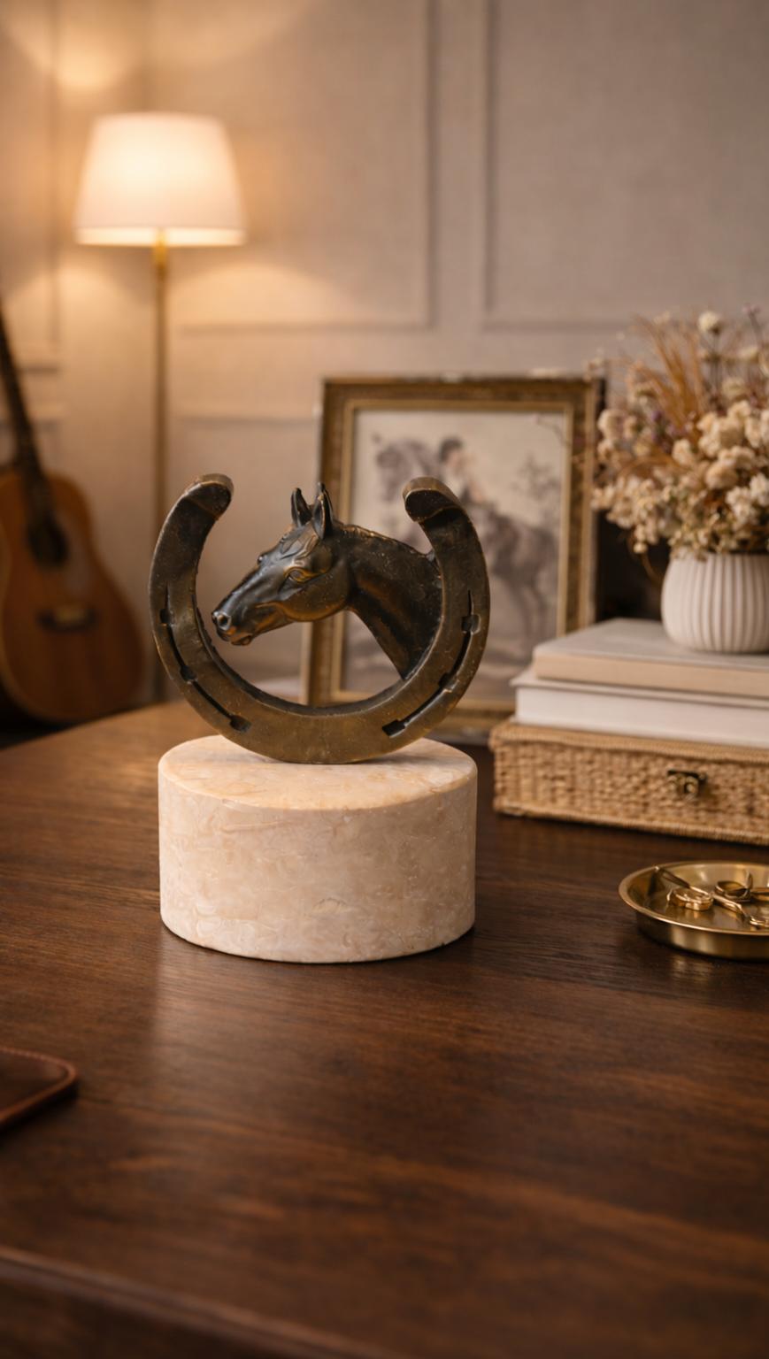 Brass Horseshoe Horse Head Sculpture on Travertine