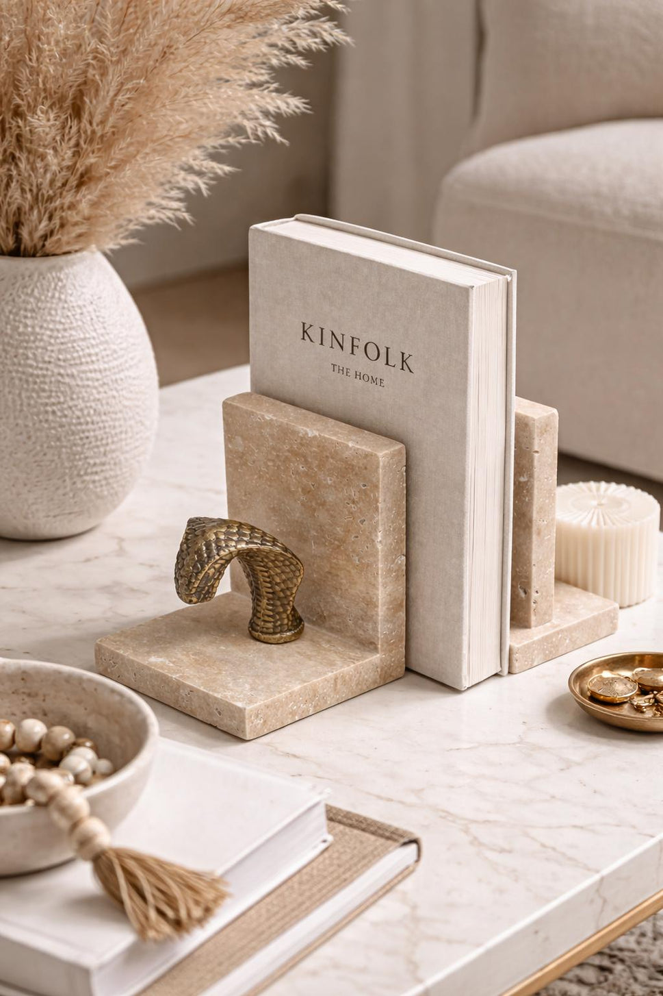 Travertine Bookends with Brass Arch