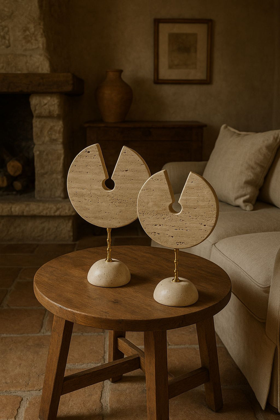 Travertine Disc Sculpture Pair on Brass Stems