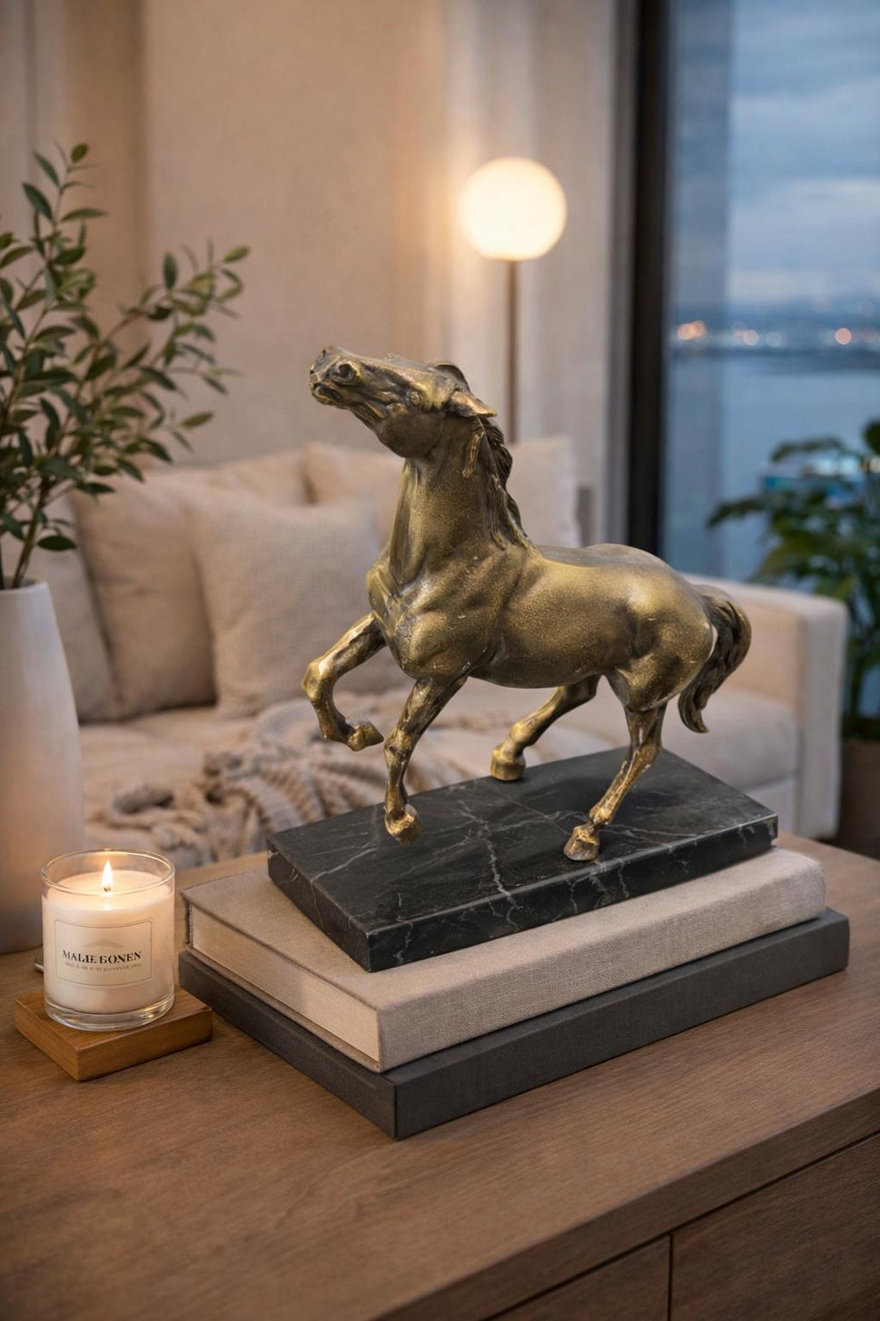 Brass Horse Statue on Black Marble Base