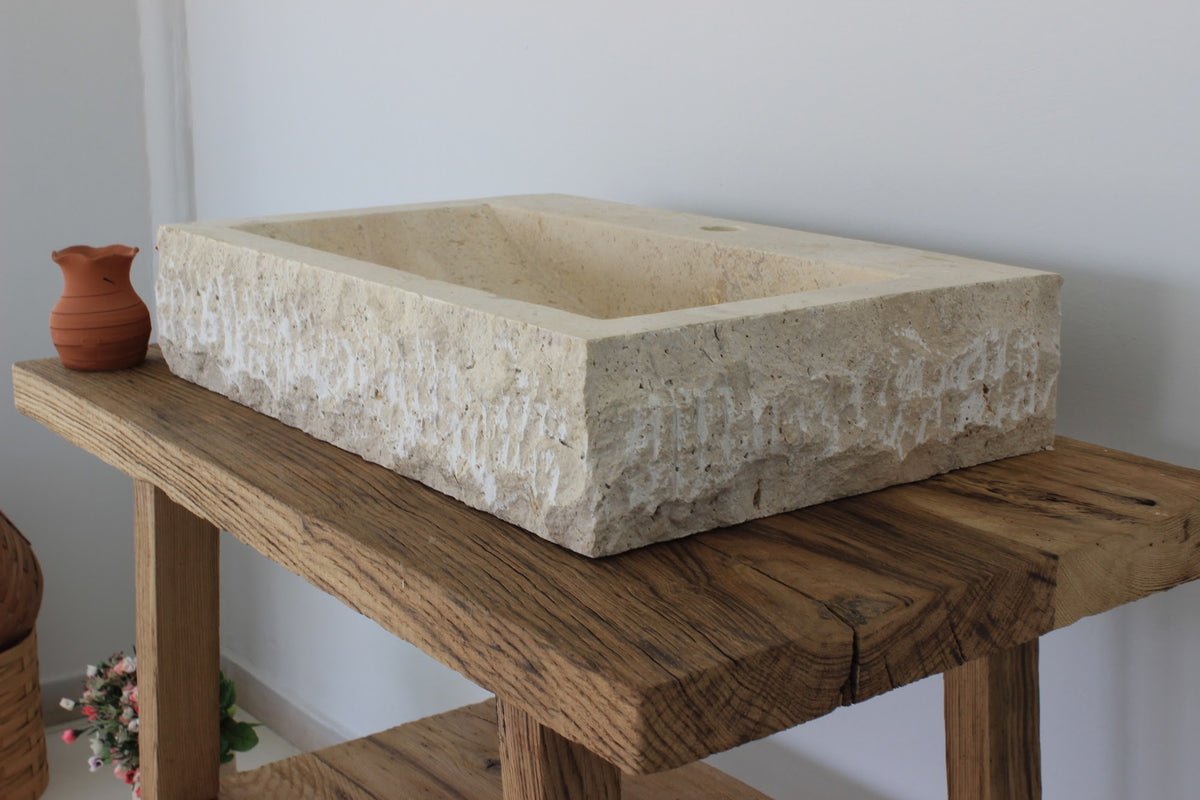 Hand-Carved Rustic Chiseled Travertine Vessel Sink – handcrafted natural stone, view 3