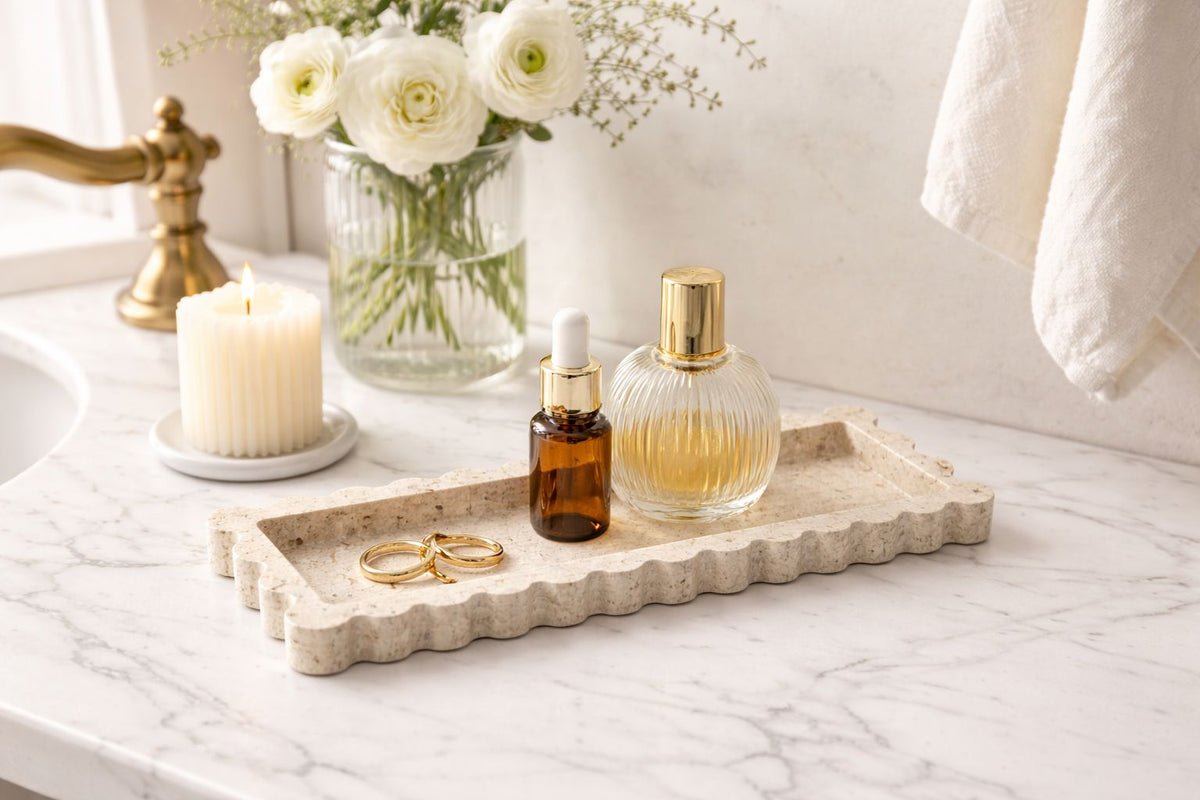 Scalloped Rectangular Travertine Vanity Tray
