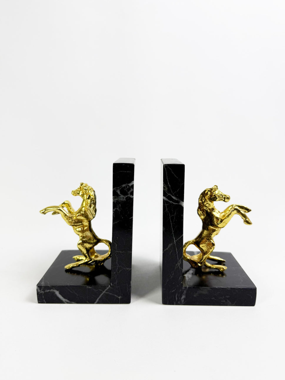 Black Marble Bookends with Brass Horses