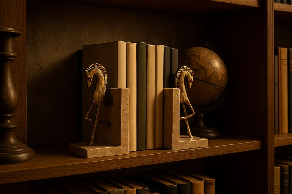Brass Horse Bookends on Travertine