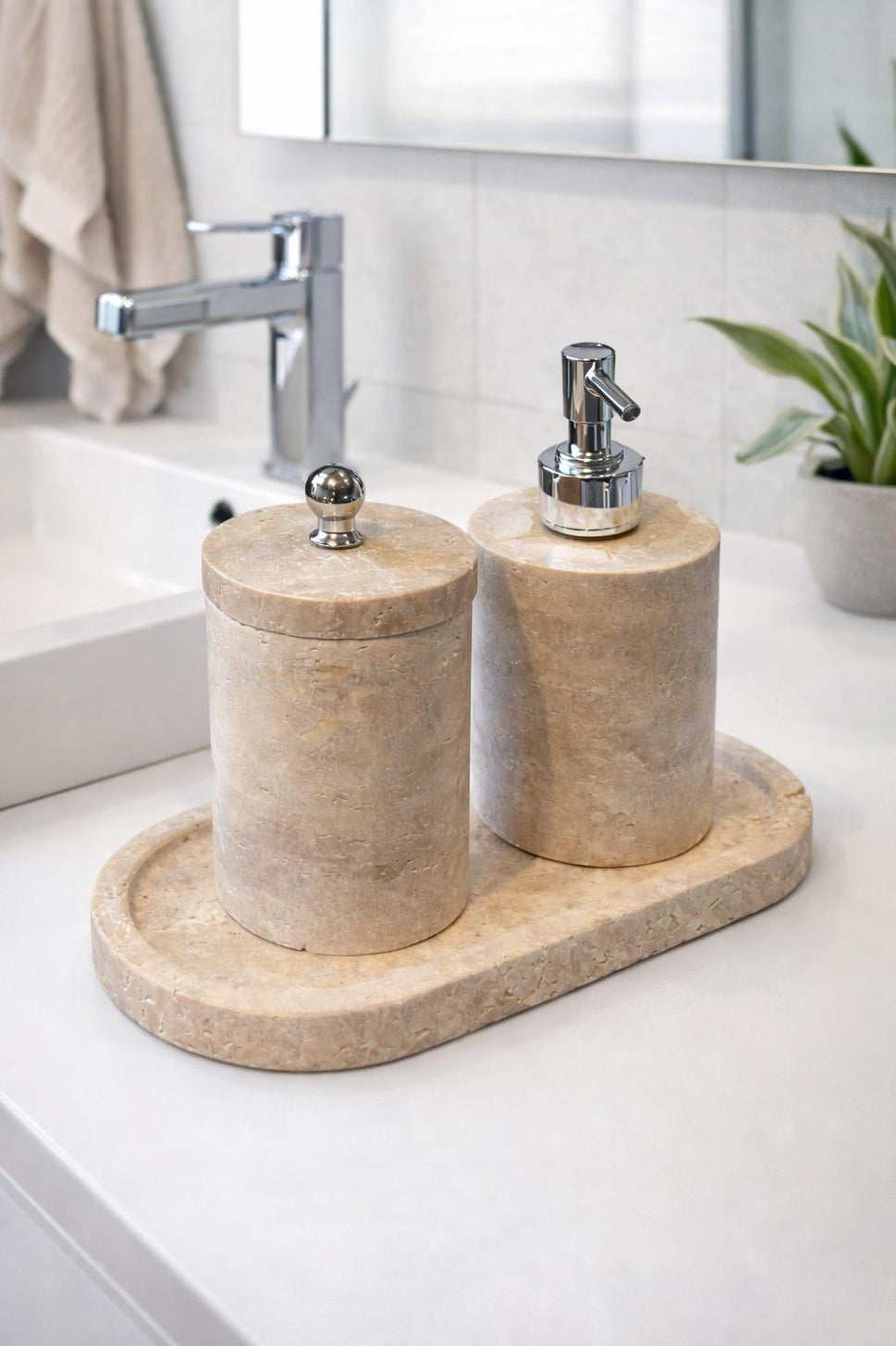 Travertine 3-Piece Bath Set with Oval Tray
