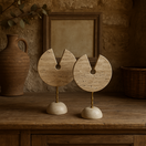 Switch Travertine Disc Sculpture Pair on Brass Stems – handcrafted natural beige travertine, view 3 3 image