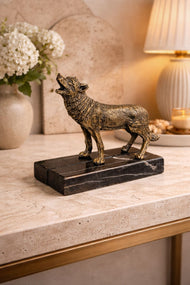 Brass Wolf Sculpture on Black Marble Base