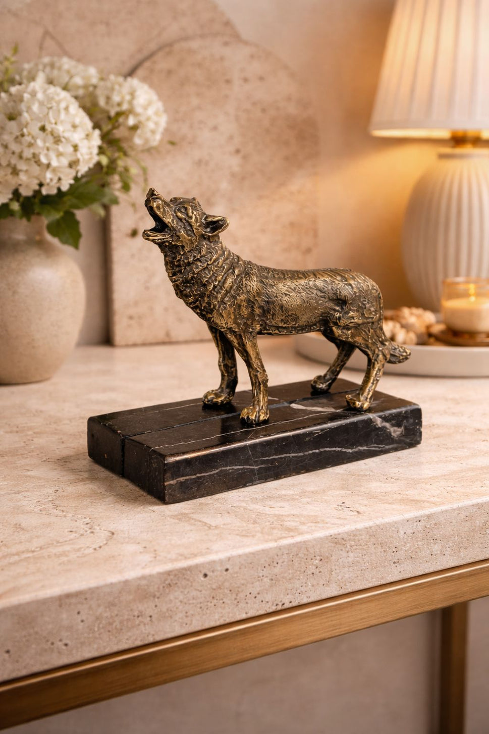 Brass Wolf Sculpture on Black Marble Base