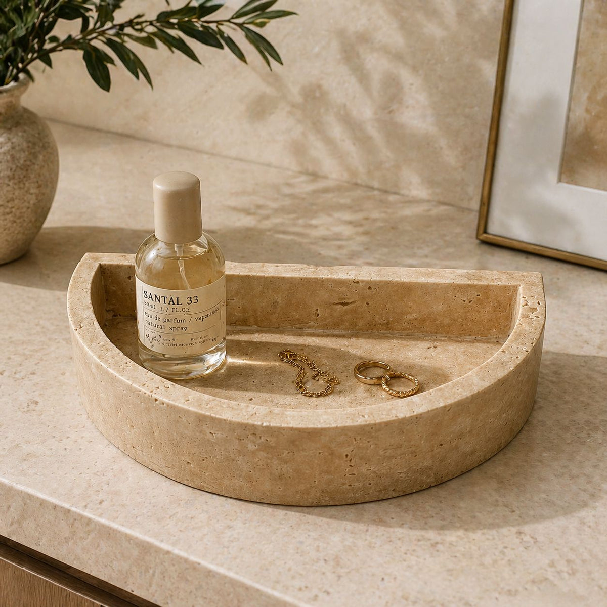 Half-Moon Travertine Catchall Tray – handcrafted natural beige travertine, view 3