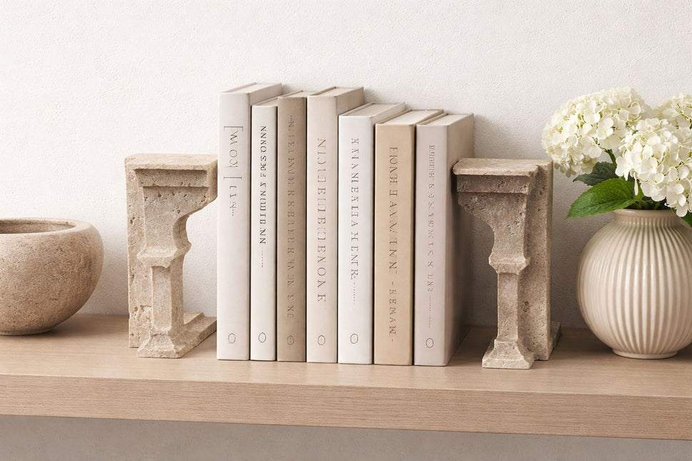 Travertine Corbel Bookends with Brass Figures