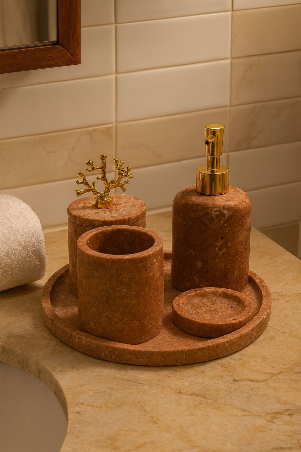 Red Travertine Bathroom Set with Round Tray