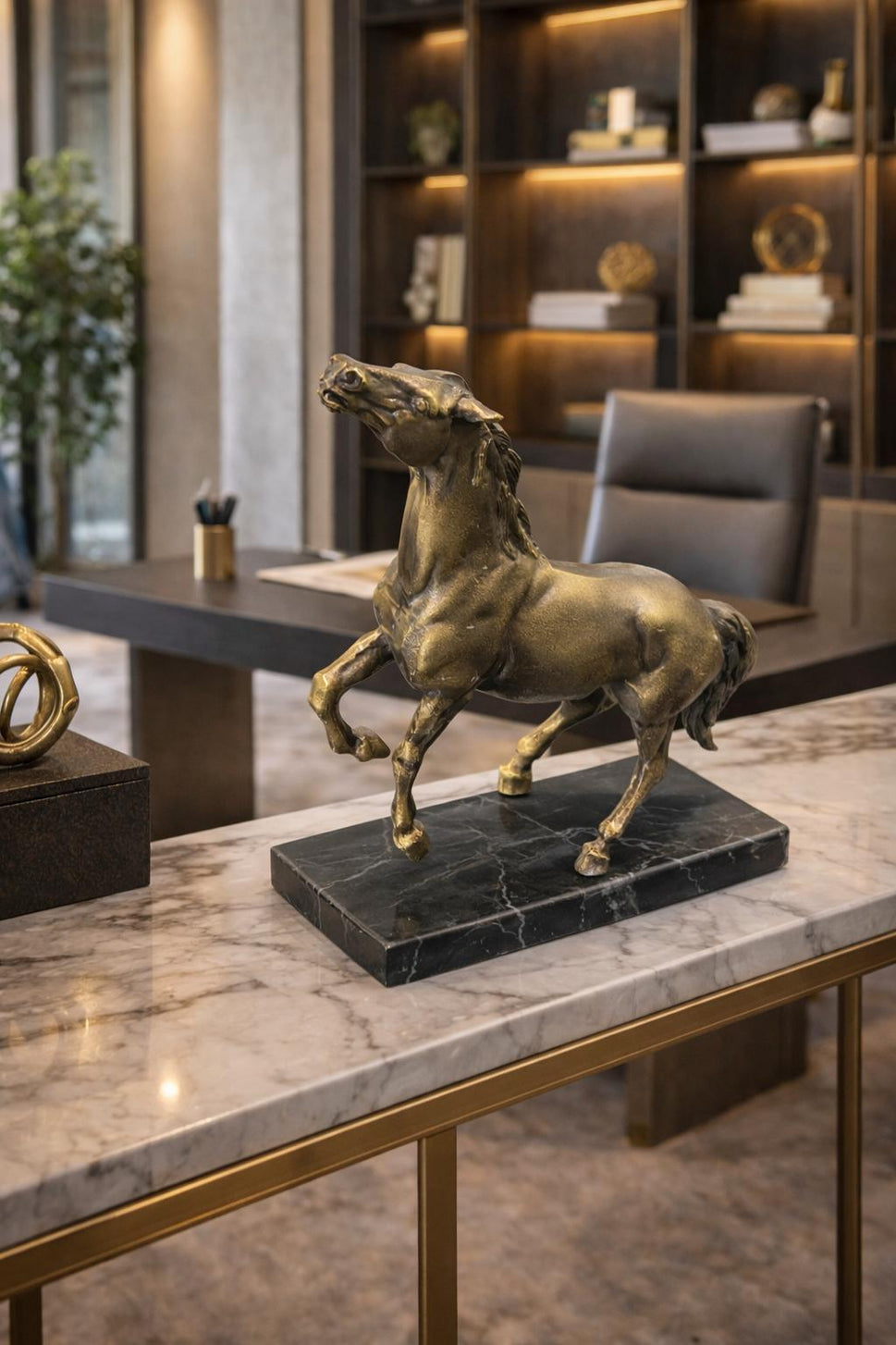 Brass Horse Statue on Black Marble Base