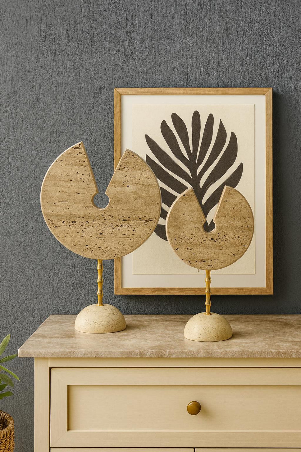 Travertine Disc Sculpture Pair on Brass Stems