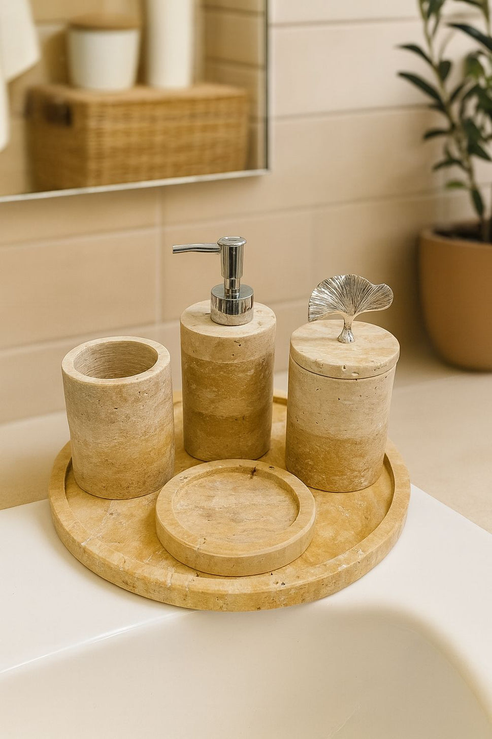 Beige Travertine 6-Piece Bathroom Set with Toilet Brush
