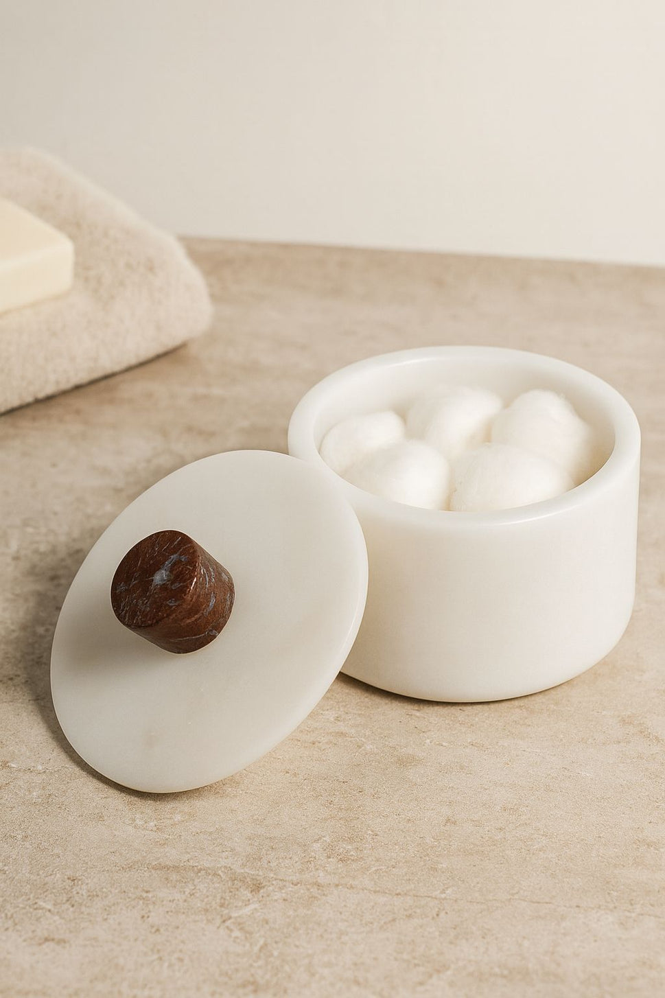 White Marble Jar with Wood Knob
